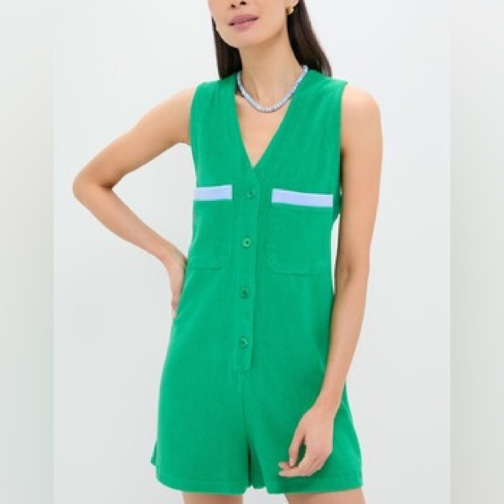 Tuckernuck Green Sleeveless Romper with Light Blue Trim